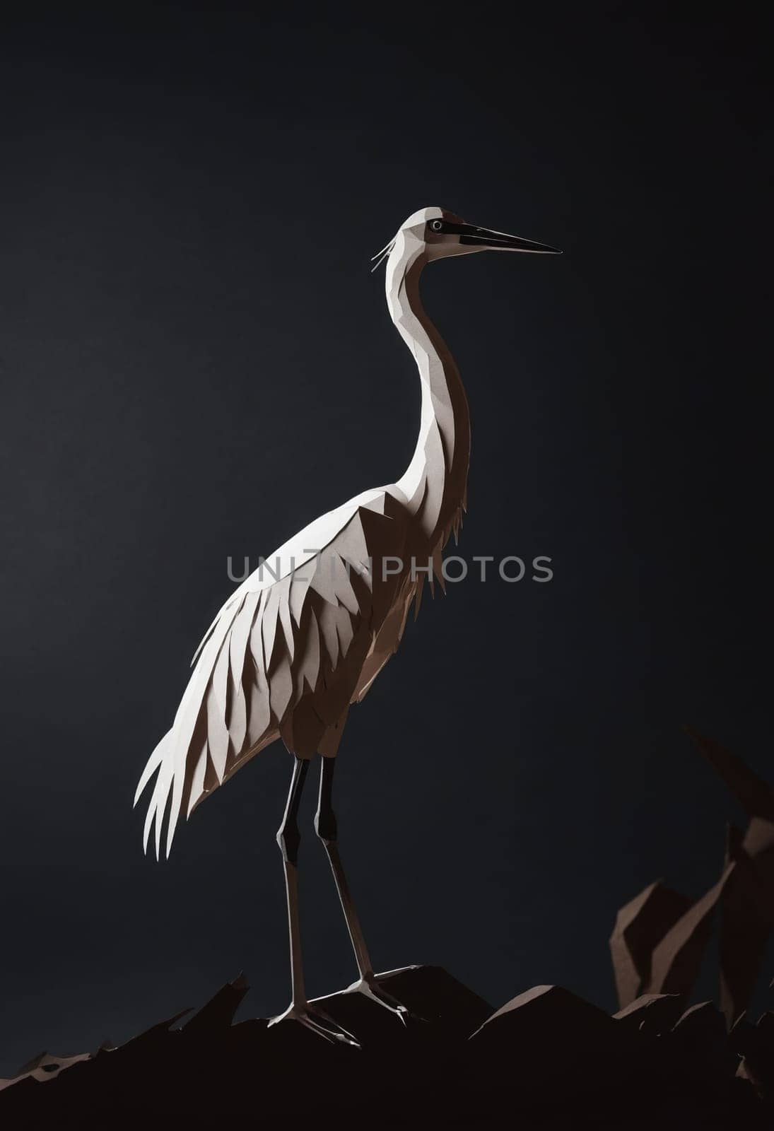 A white Pelecaniformes seabird with a long beak and strong wings is perched on a rock in the darkness, resembling a Ciconiiformes crane in its terrestrial habitat