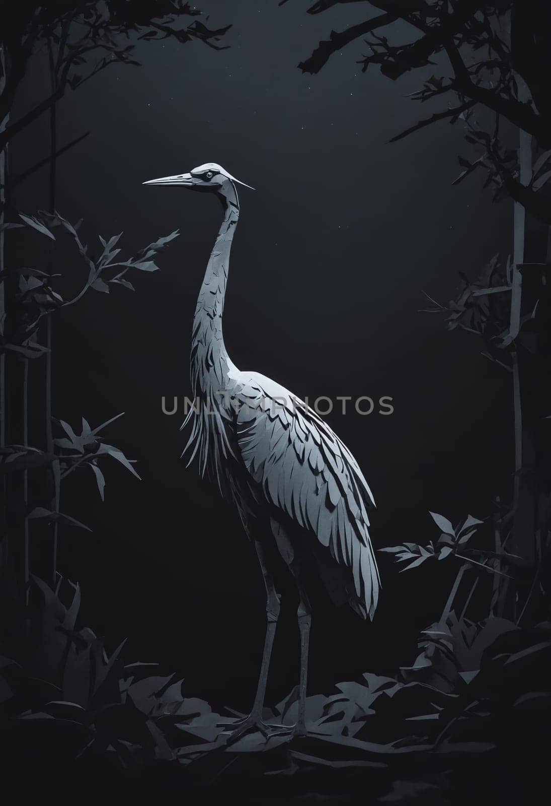 The image captures the understated elegance of a crane, a symbol of grace and longevity in nature.