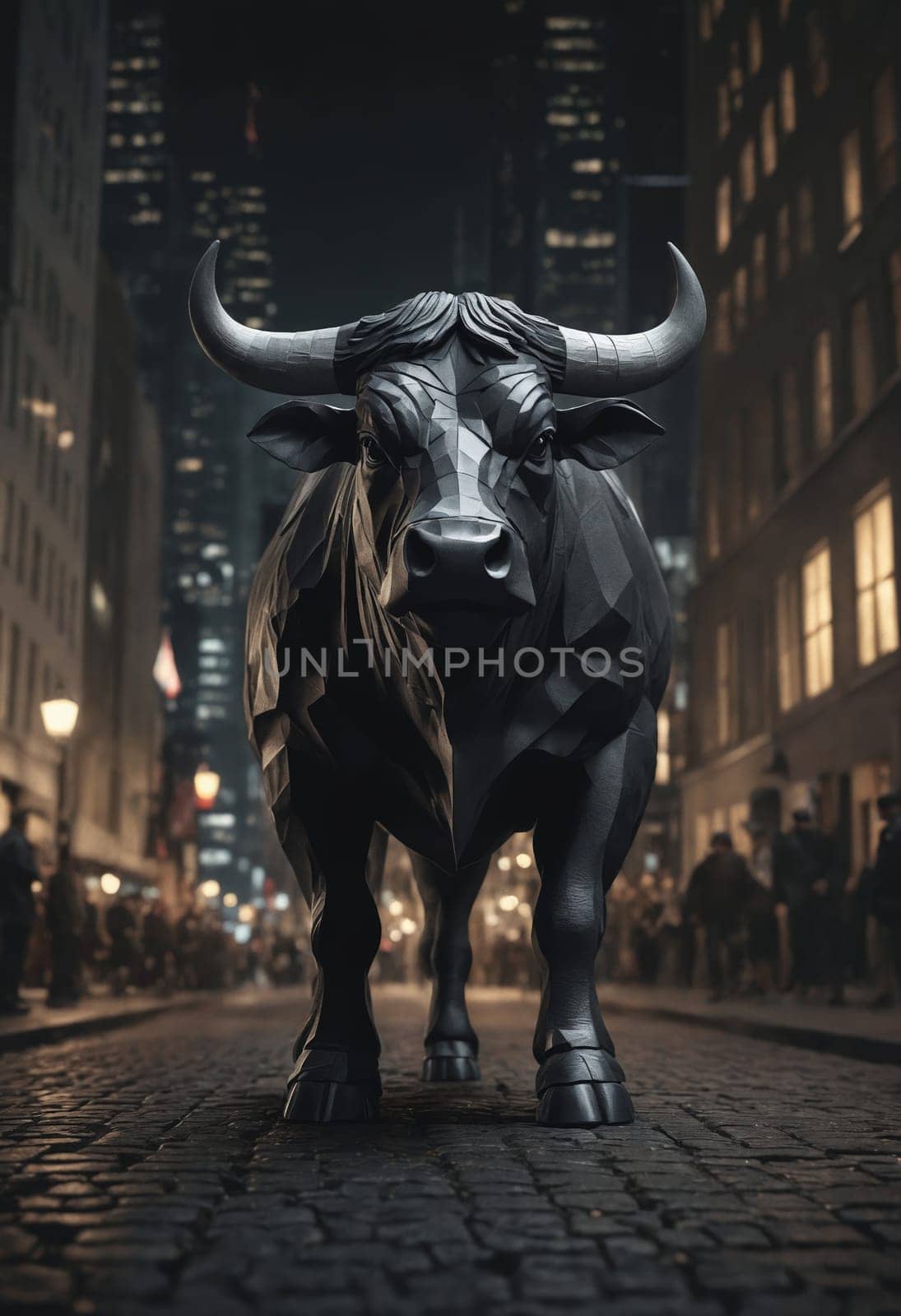 A metal statue of a bull stands on a city street at night, contrasting with the darkness. The symmetrical building in the background reflects in the water nearby