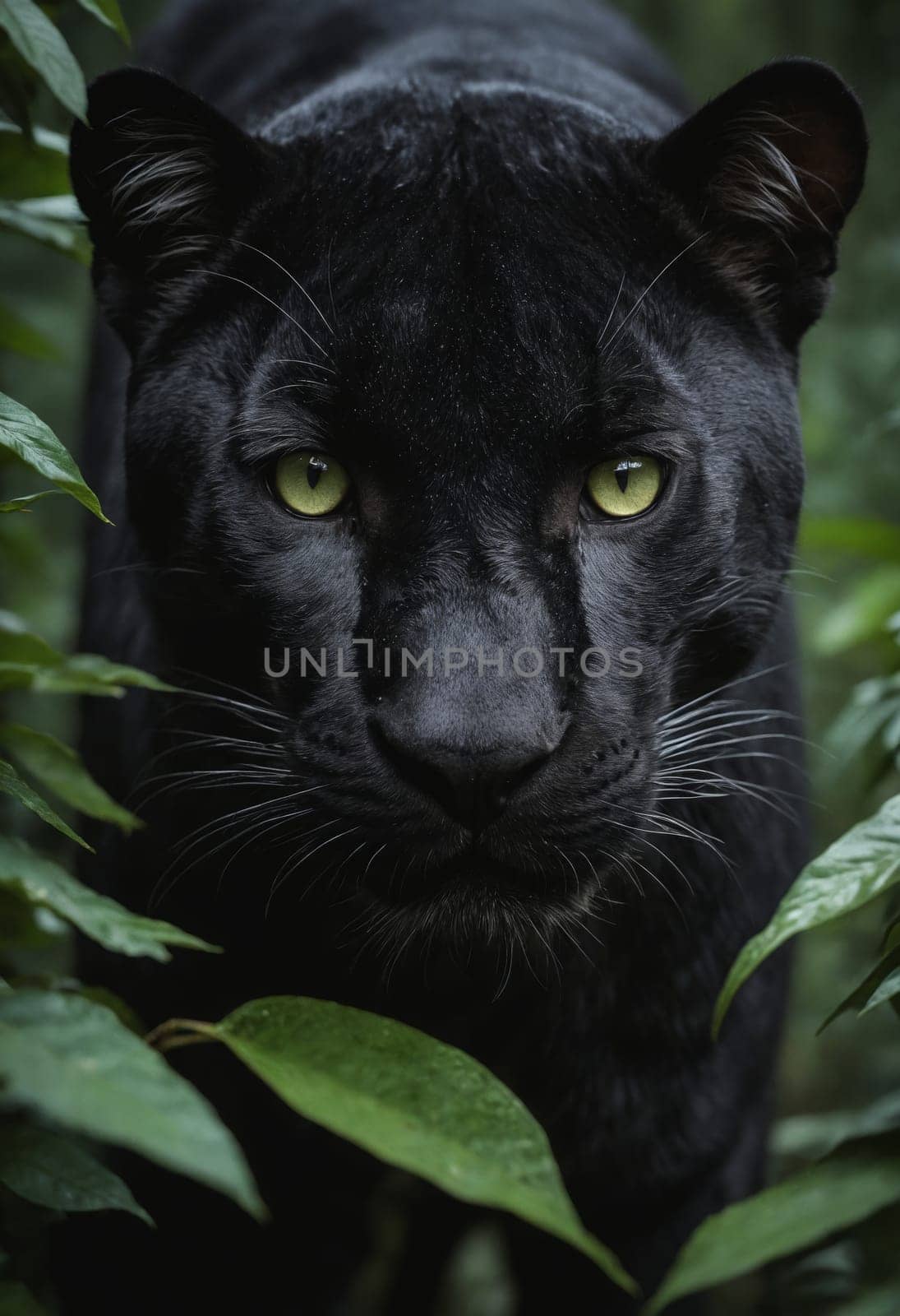 A Felidae carnivore, the black panther, gazes at the camera in the jungle by Andre1ns