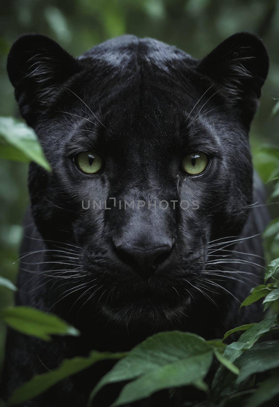 A black jaguar's penetrating gaze is framed by lush leaves, showcasing the raw allure of the wild.
