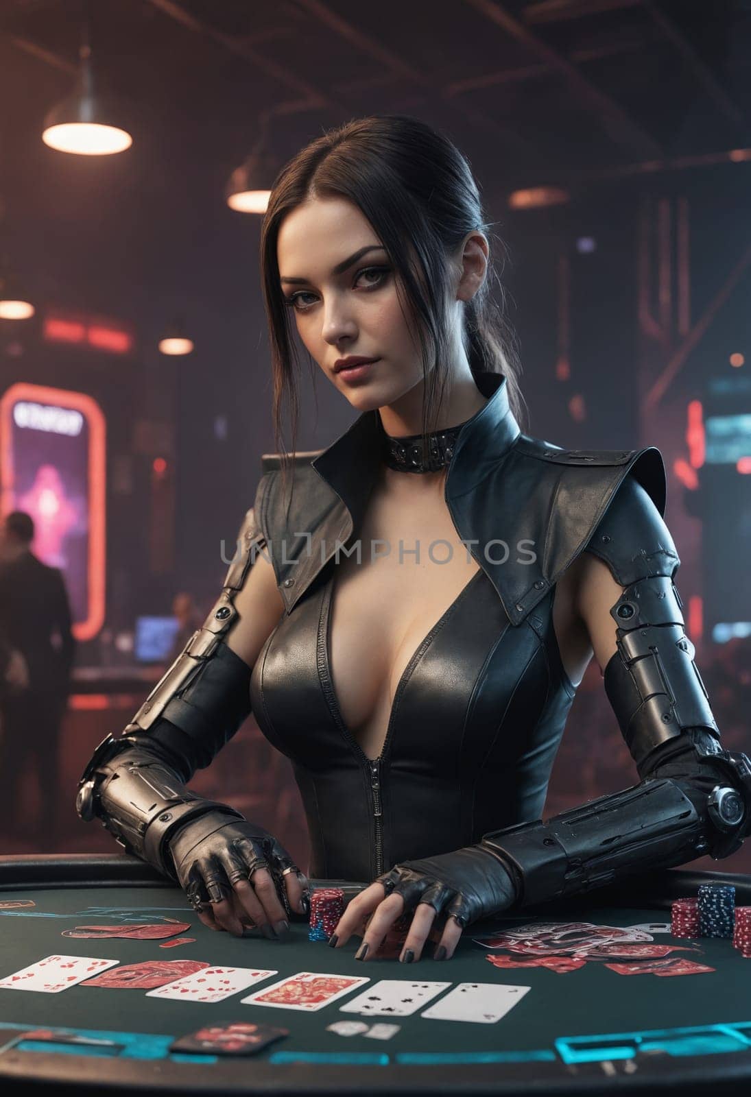 A woman in a black leather outfit sits at the poker table by Andre1ns