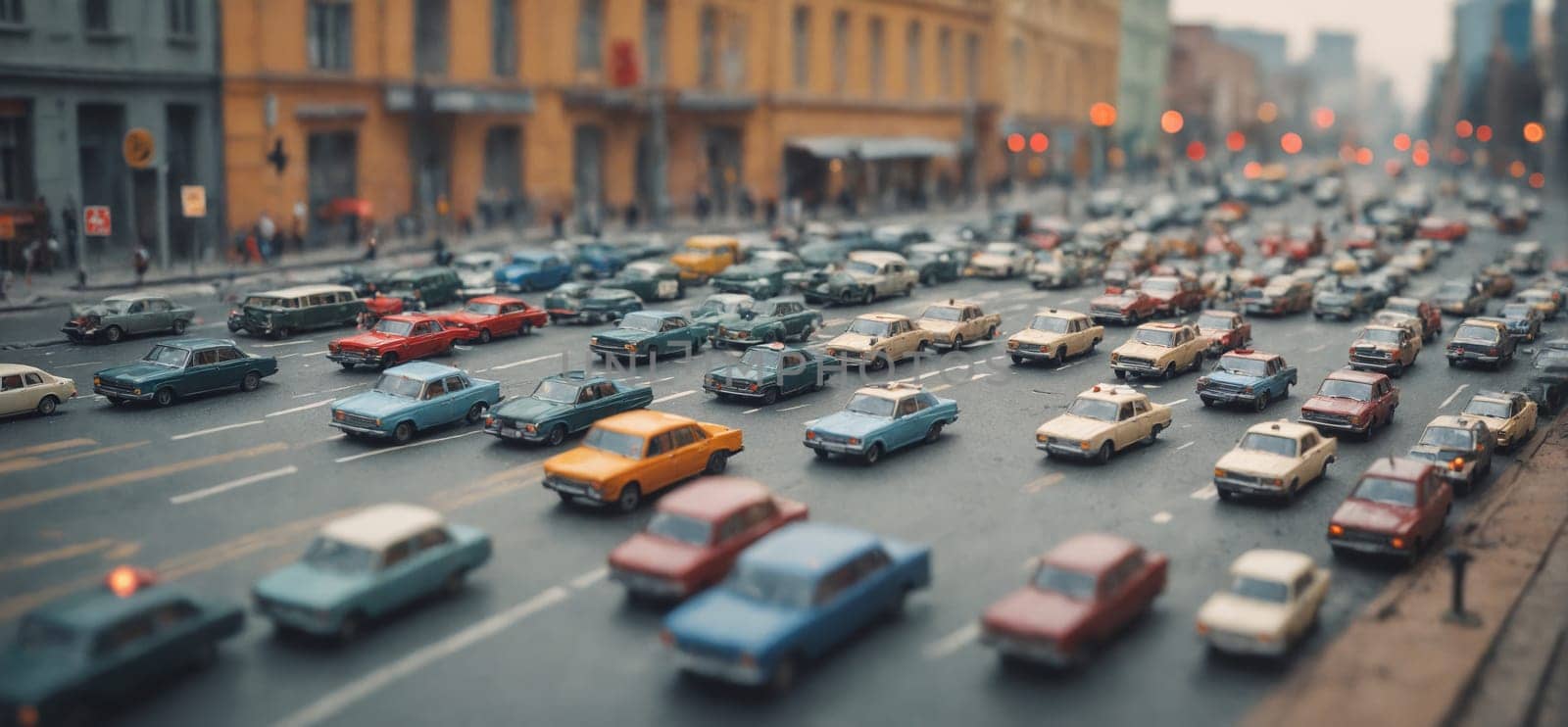 A line of vehicles travels along an asphalt road in the city, with buildings lining the street. The cars wheels and tires roll smoothly on the pavement