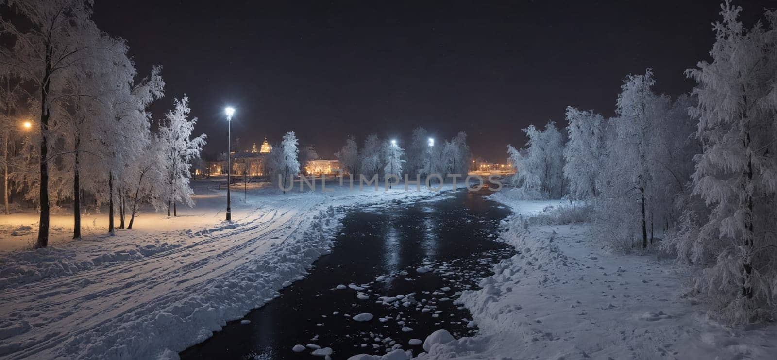 A freezing snowy road at midnight with a street light illuminating the dark landscape, creating a mesmerizing geological phenomenon in the sky