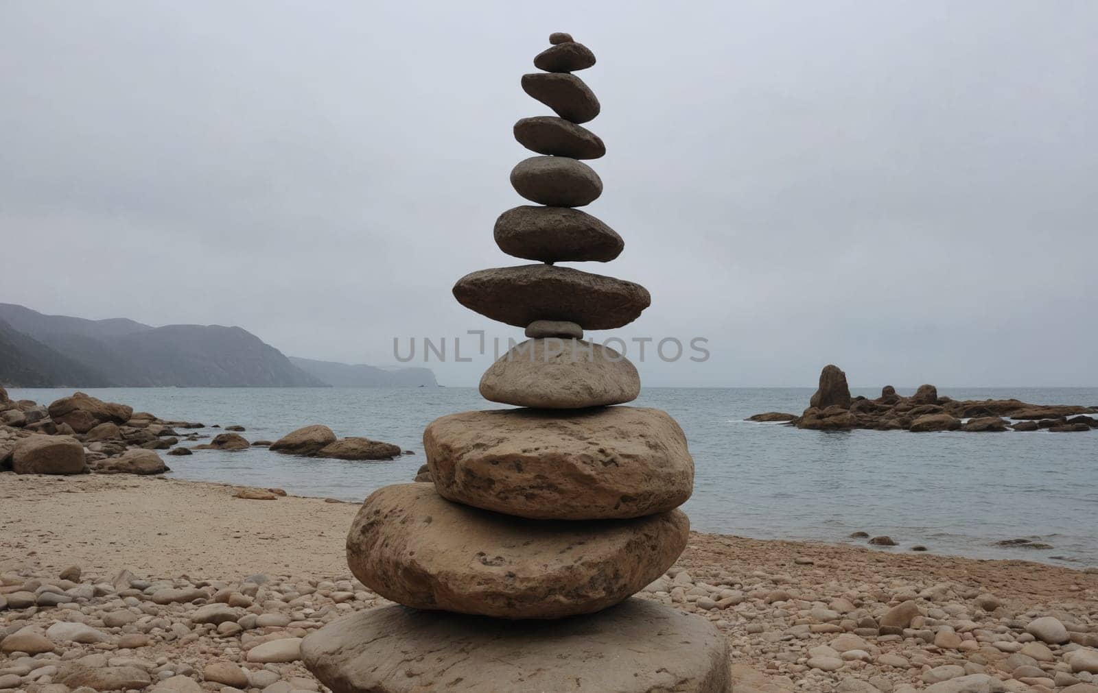 Stacked rocks beside a river in a natural landscape by Andre1ns