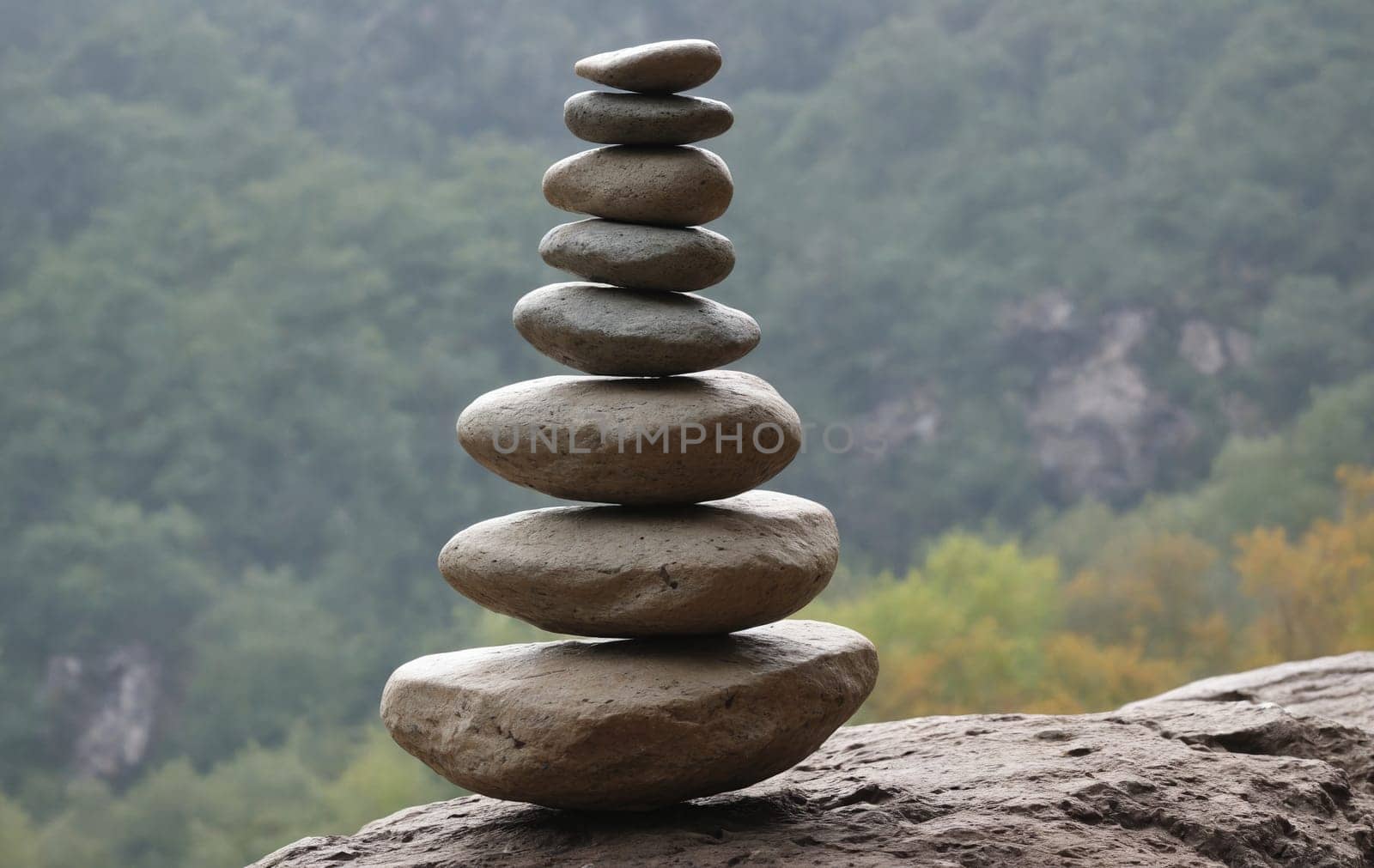 A stack of rocks balanced on a gravel road, creating a natural landscape sculpture. The clouds above and grass below add to the environmental art