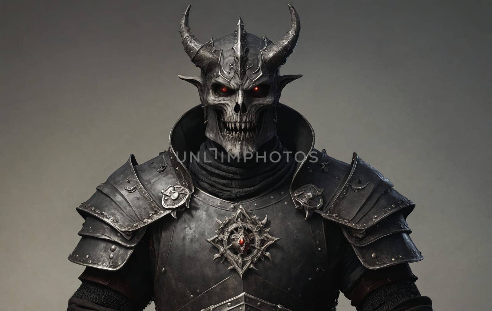 A digital rendering of a knight with a sinister skull head; a blend of medieval and fantasy themes.