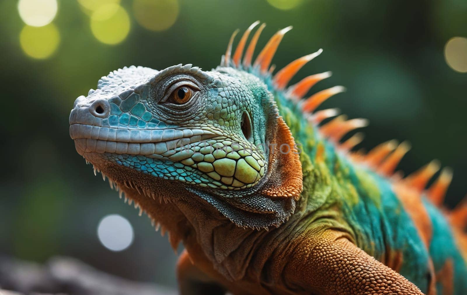 A closeup of an Iguanas face, a reptilian organism of the family Iguanidae. This scaled terrestrial animal showcases vibrant green and orange hues in a macro photography shot of wildlife