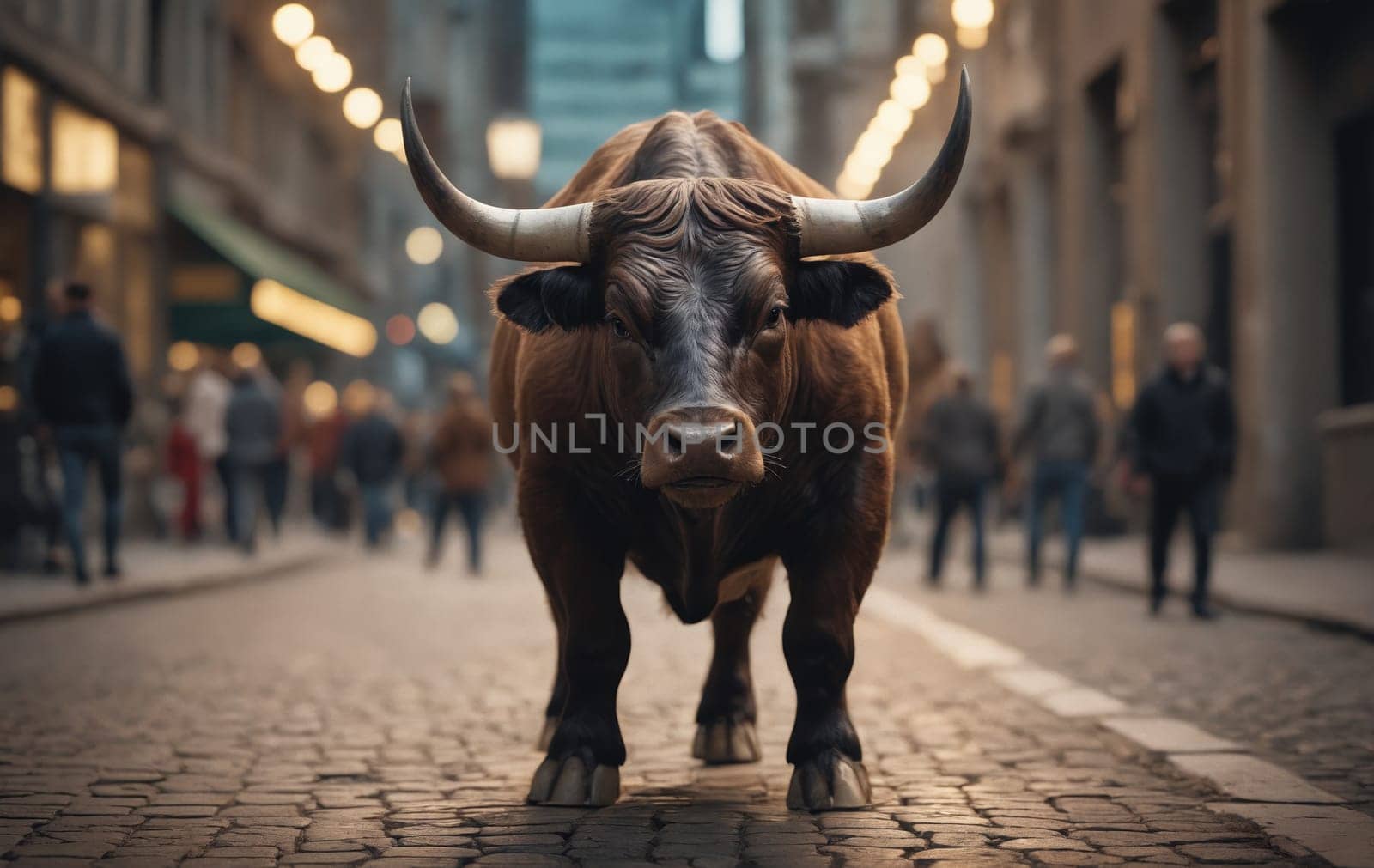 A bull stands alert on cobblestone streets, horns poised, as city life unfolds in the soft-focused background.