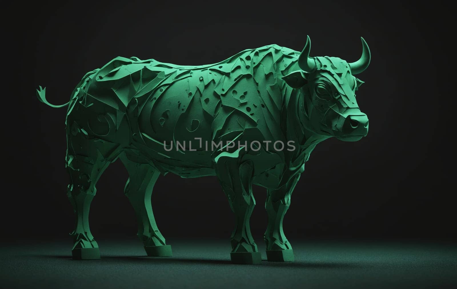 Low poly sculpture of a bull with horns and snout on a black background by Andre1ns