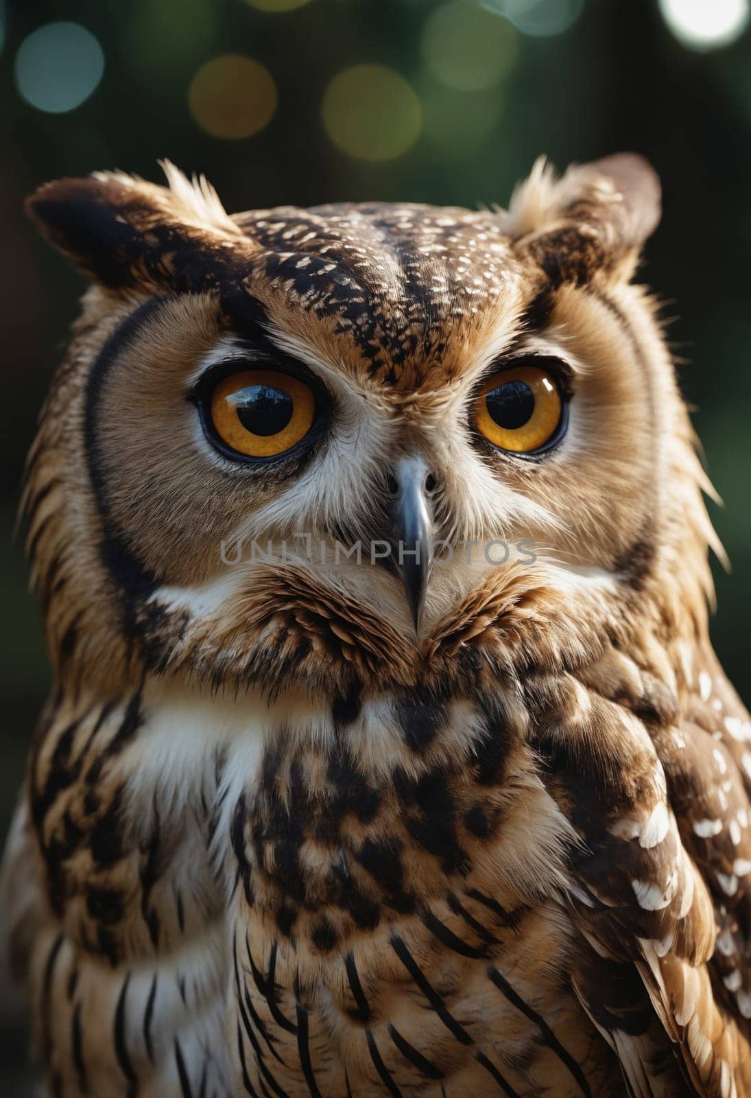 An intimate portrait of an owl at night, its feathery texture enhanced by the bokeh lights in the backdrop.