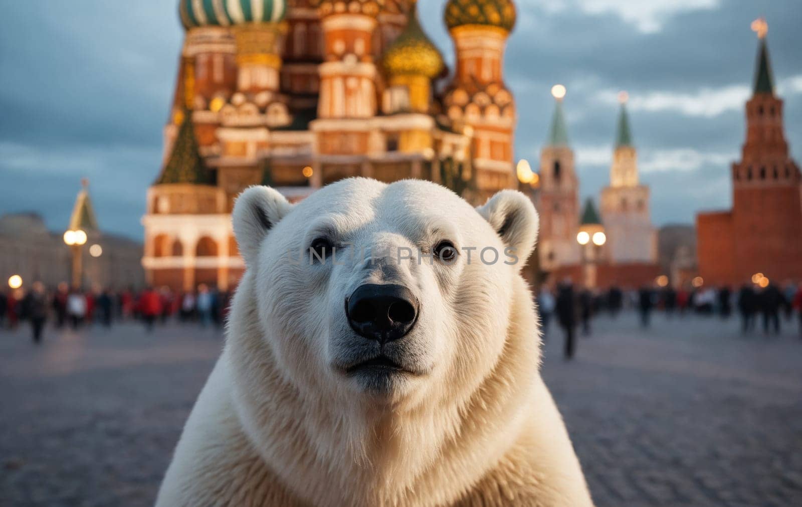 This captivating photo-manipulation showcases a polar bear in the iconic Red Square of Moscow, creating a striking, surrealistic vision.