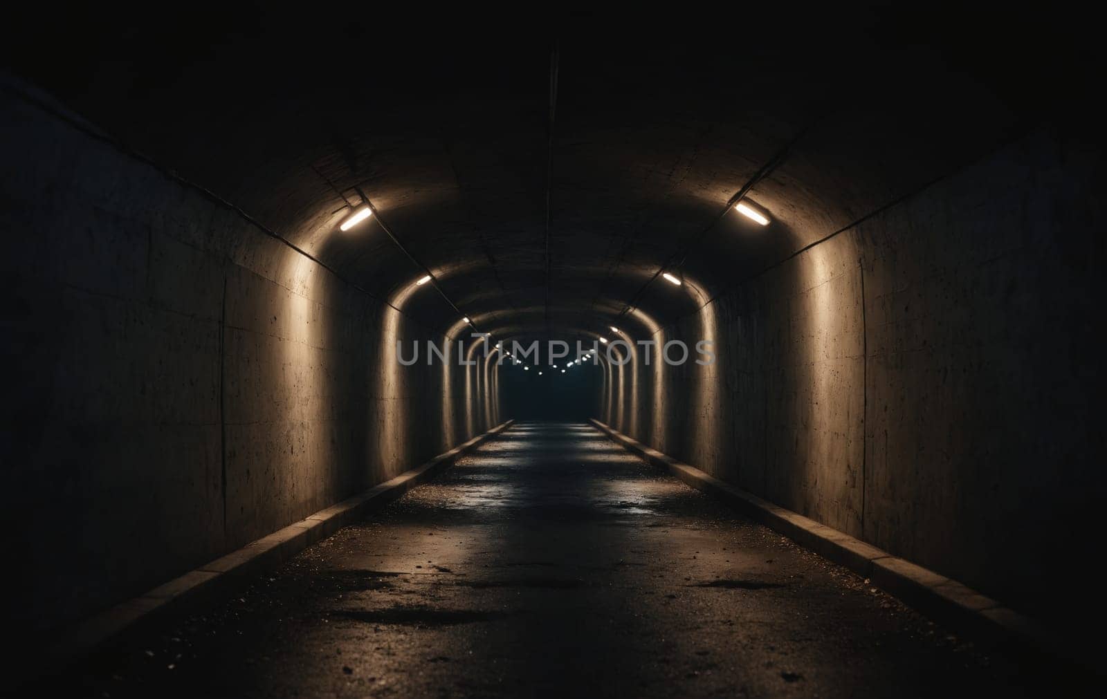 This captivating image portrays a tunnel vision, intensified by overexposed lights along the path, painted on slightly wet asphalt, crafting a visually stunning scene.