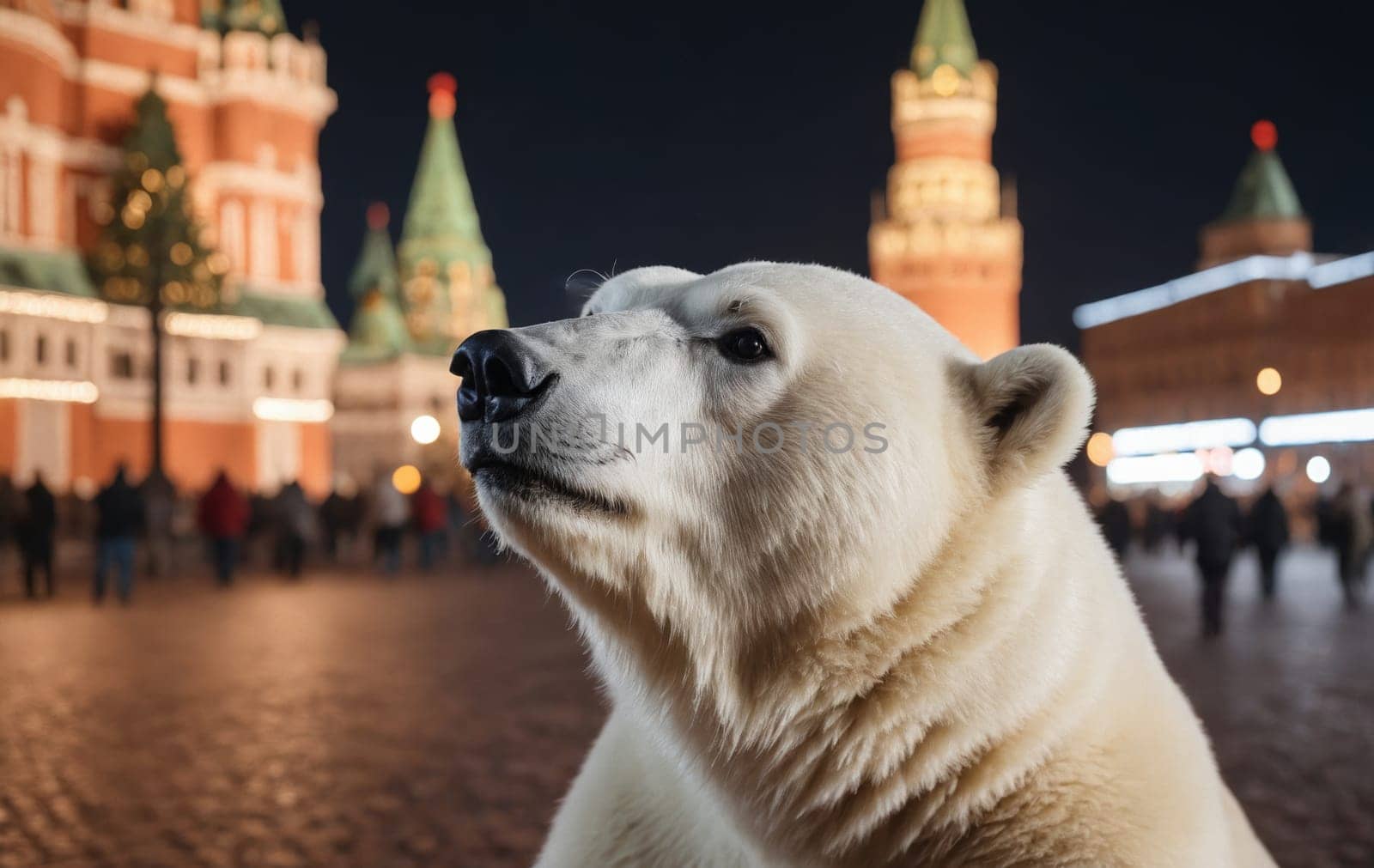 A dream-like image portraying a polar bear walking in the Red Square, posing an intriguing juxtaposition of Arctic life and cityscape.
