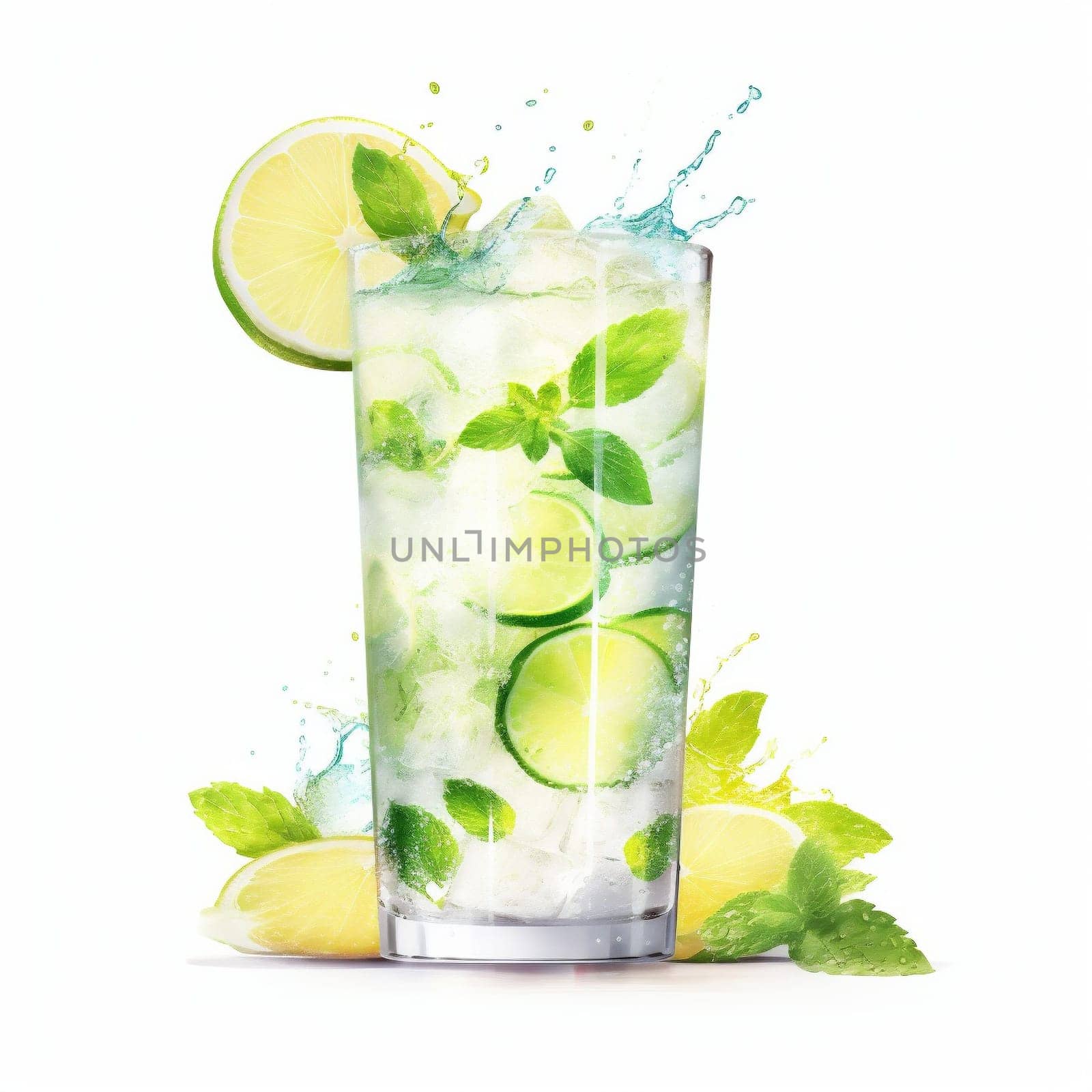 Mojito Cocktail Day with Lemon, Ice, Lemon Lime and Mint Leaves. Hand Drawn Coctail Day Sketch on White Background.