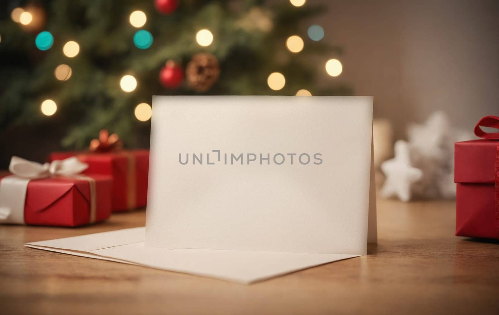 Savor the holiday spirit with this image of a Christmas card, surrounded by a festive decor. The card features a Merry Christmas message, a snowy Christmas scene, and a cheerful reindeer.