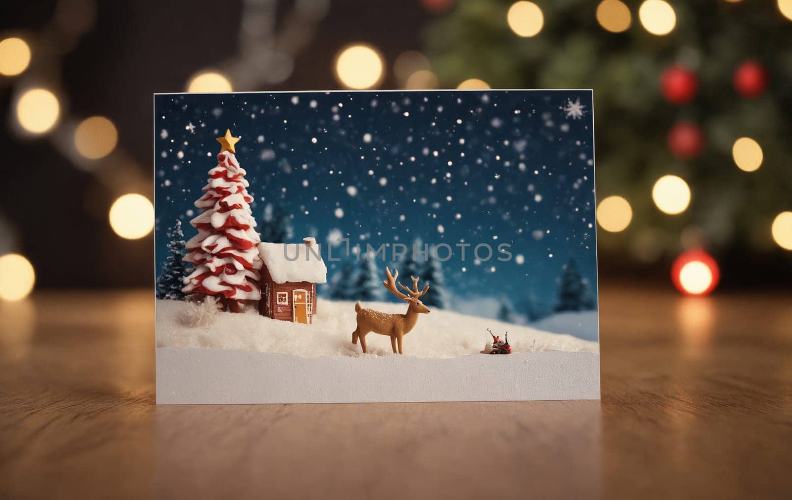 Immerse in the warmth of the Christmas season with this pictorial greeting card surrounded by a vibrantly decorated tree and gifts. The card conveys the message Merry Christmas in a handwritten style.