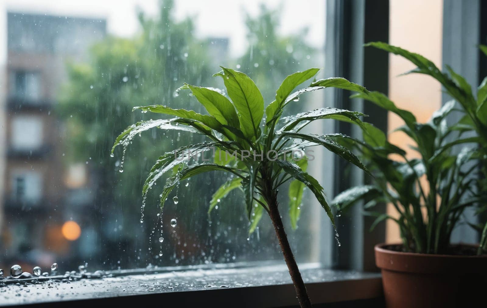 Tranquility Captured: Indoor Plant by Rain-Kissed Window by Andre1ns