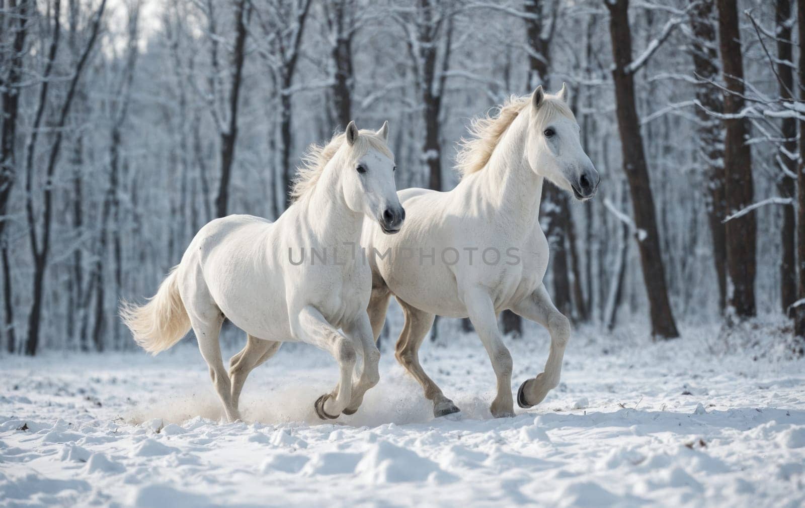 This heart-stirring image captures the splendor of two white horses galloping freely amidst a snowy backdrop. Their lively motion is a testament to the zen-like calm of a hushed winter day.