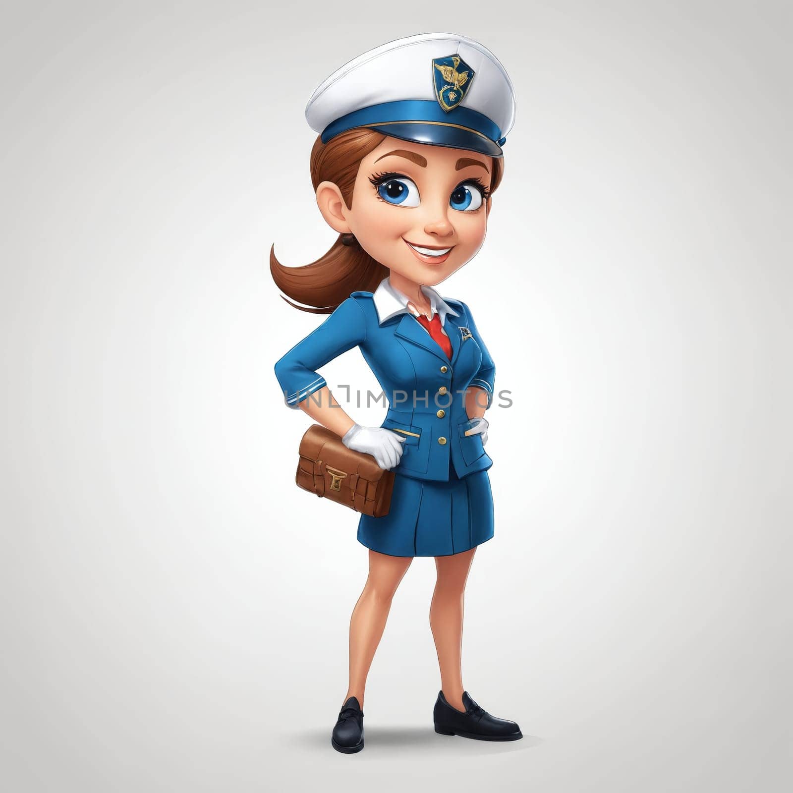 The image impeccably captures a confident female pilot, impeccably dressed in her formal attire, holding a briefcase - an embodiment of authority and expertise that comes with operating sky-high.