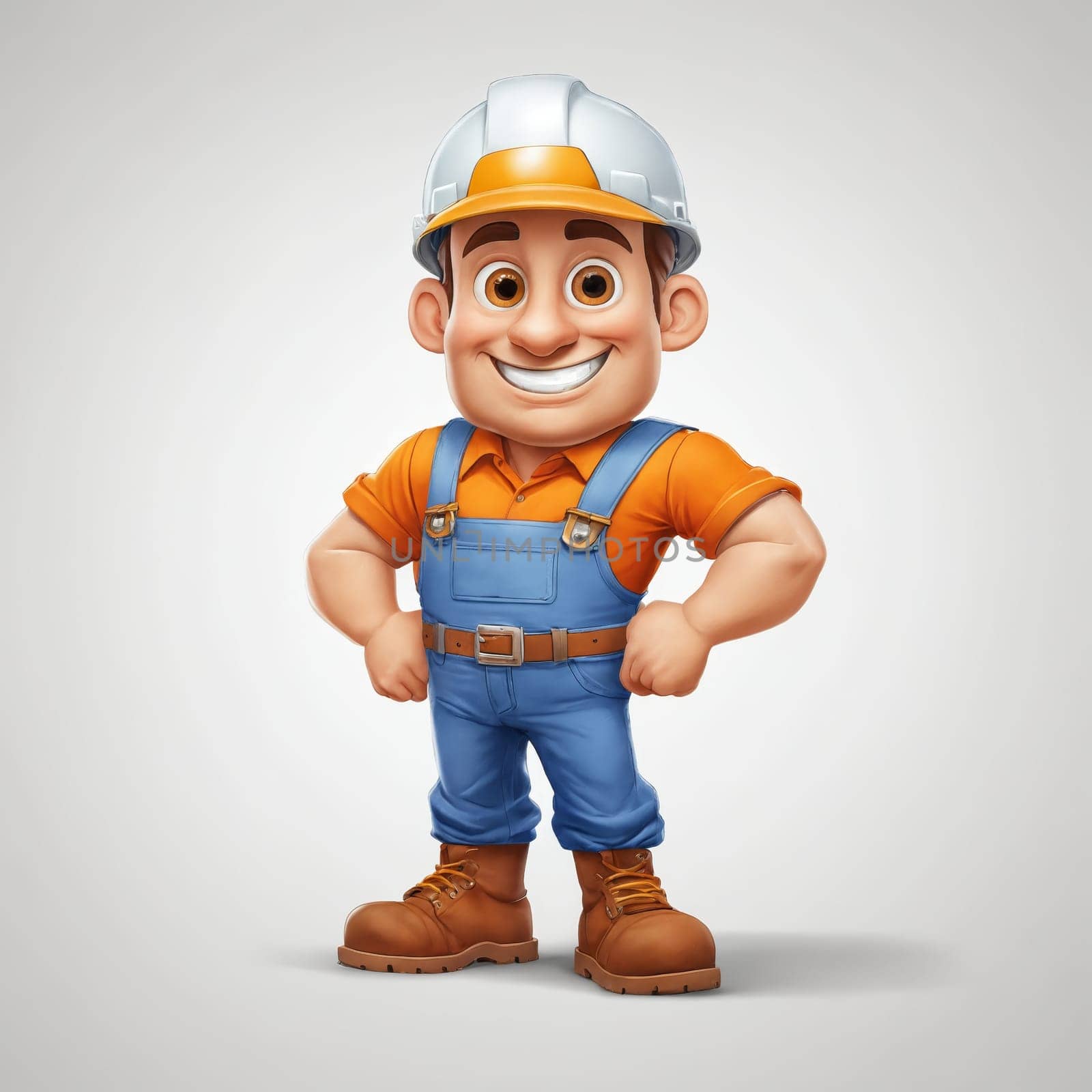 Construction worker in blue with a hard hat confidently stands equipped with a tool belt on a transparent background.