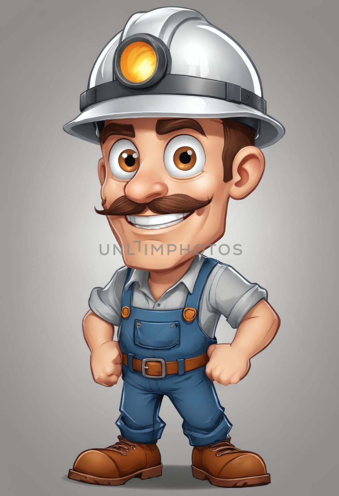 Miner depiction in a hard hat with light, secure suspenders, brown pants, and work boots for tough conditions.