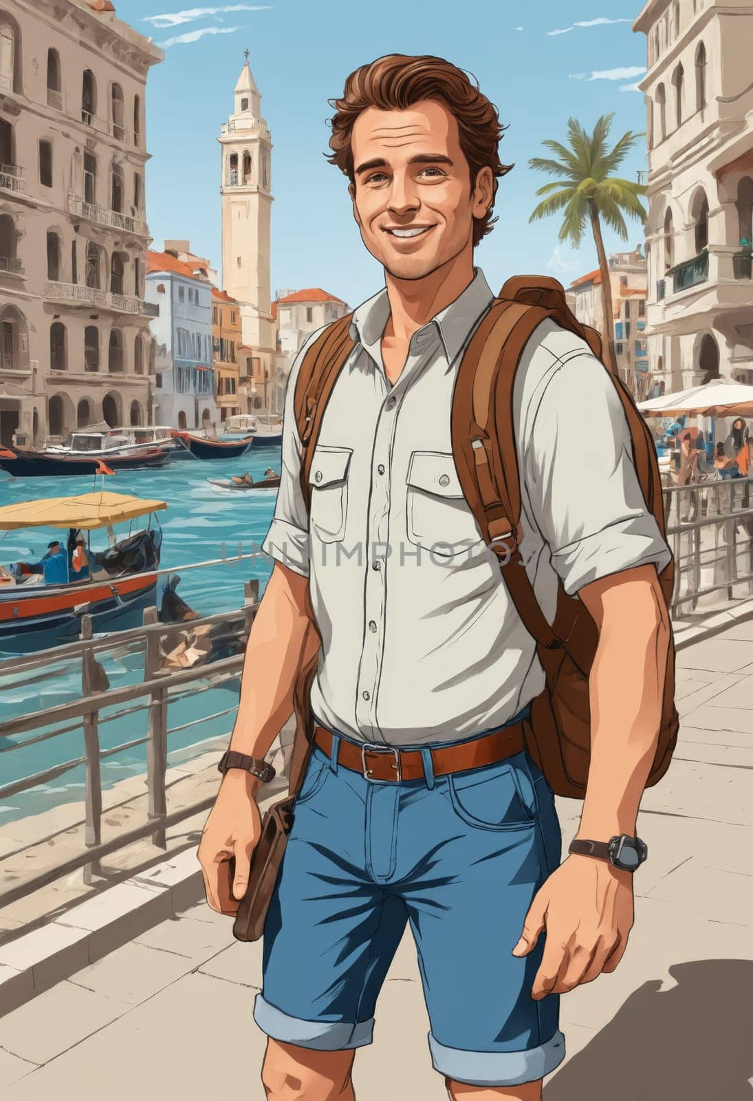 Vibrant comic-style depiction of a traveler geared up to discover the mysteries of a Colosseum-like setting.