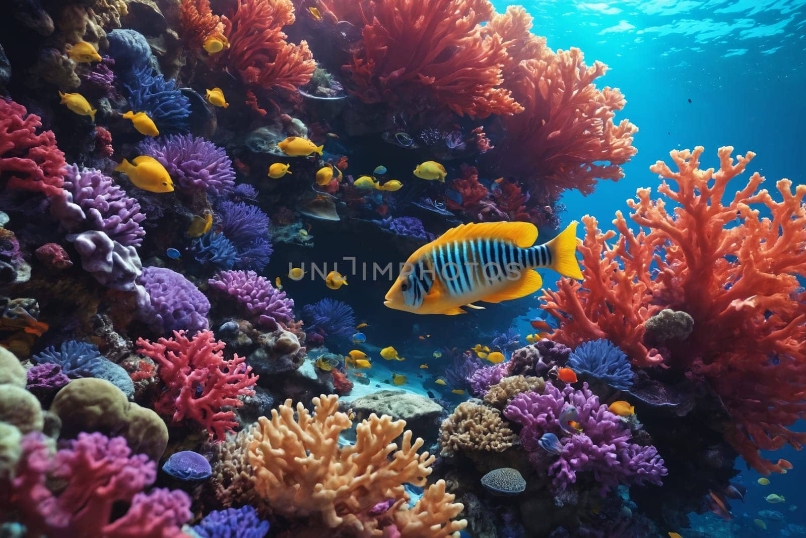 This image showcases the underwater ecosystem of a coral reef, bustling with life and color, making it perfect for marine biology education and promotion of conservation initiatives.