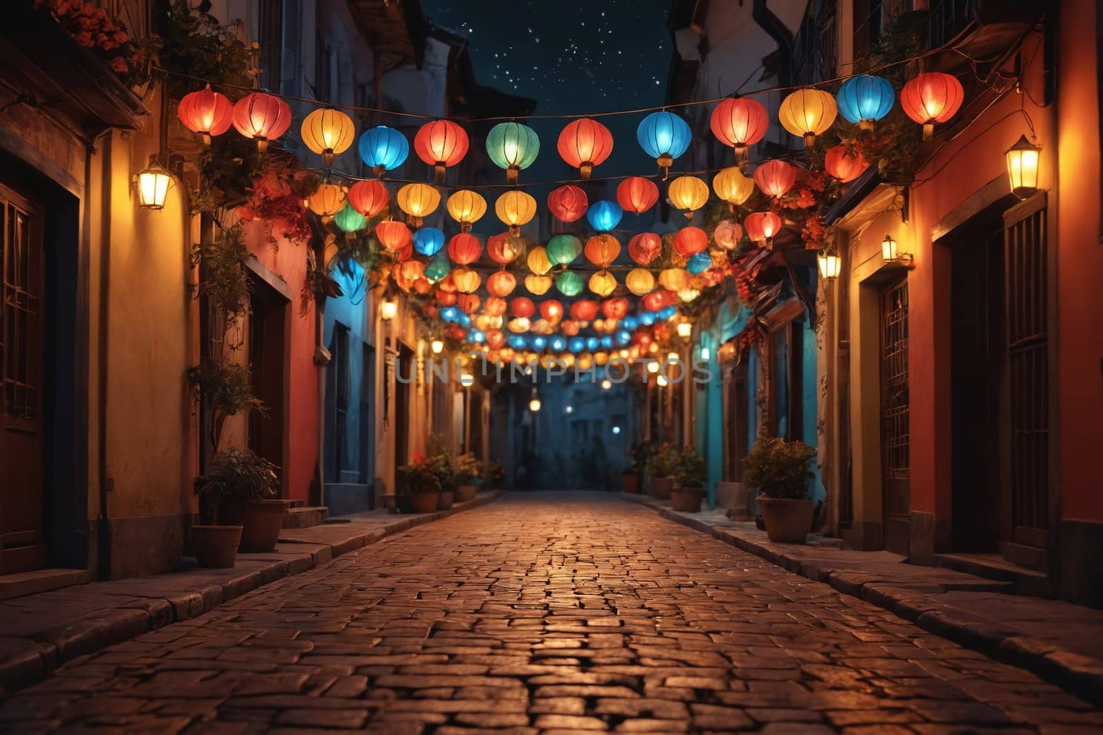 An urban street comes alive at night with the glow of whimsical, vibrant lanterns.