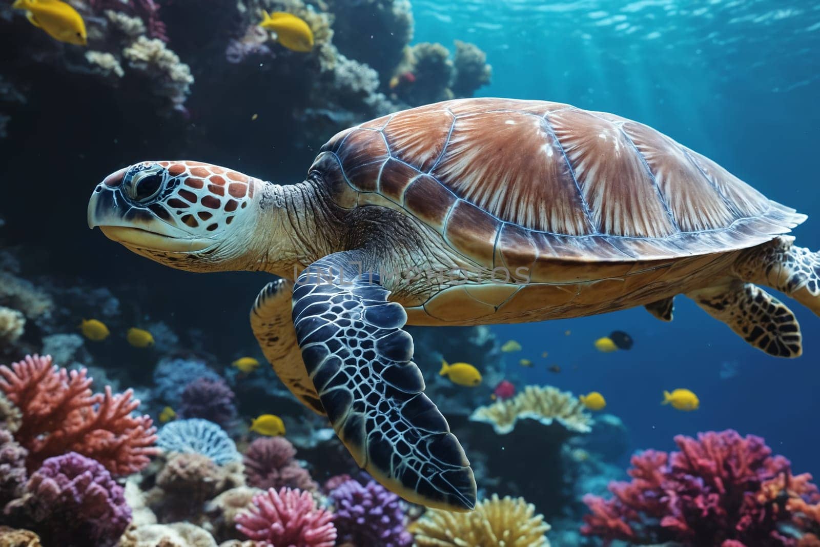 This mesmerizing image features a sea turtle gracefully navigating its underwater world, ideal for promoting marine conservation and biodiversity.