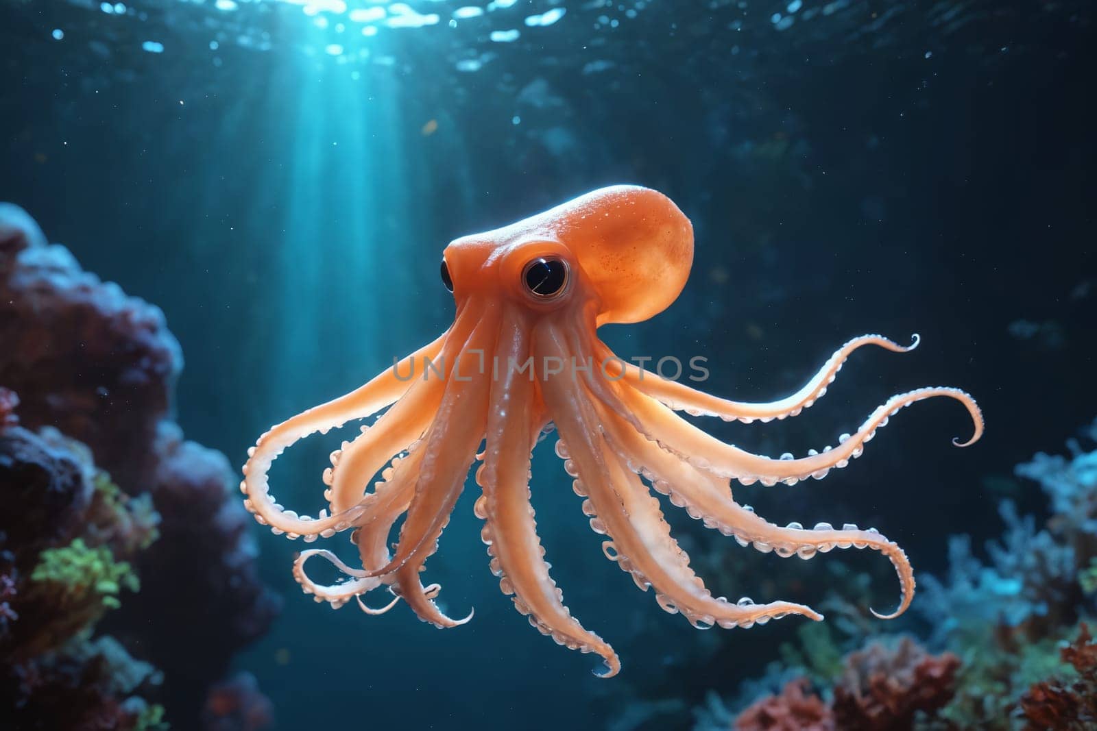 An octopus exhibits its intelligence and grace underwater, with a focus on its complex eyes and dynamic arms.
