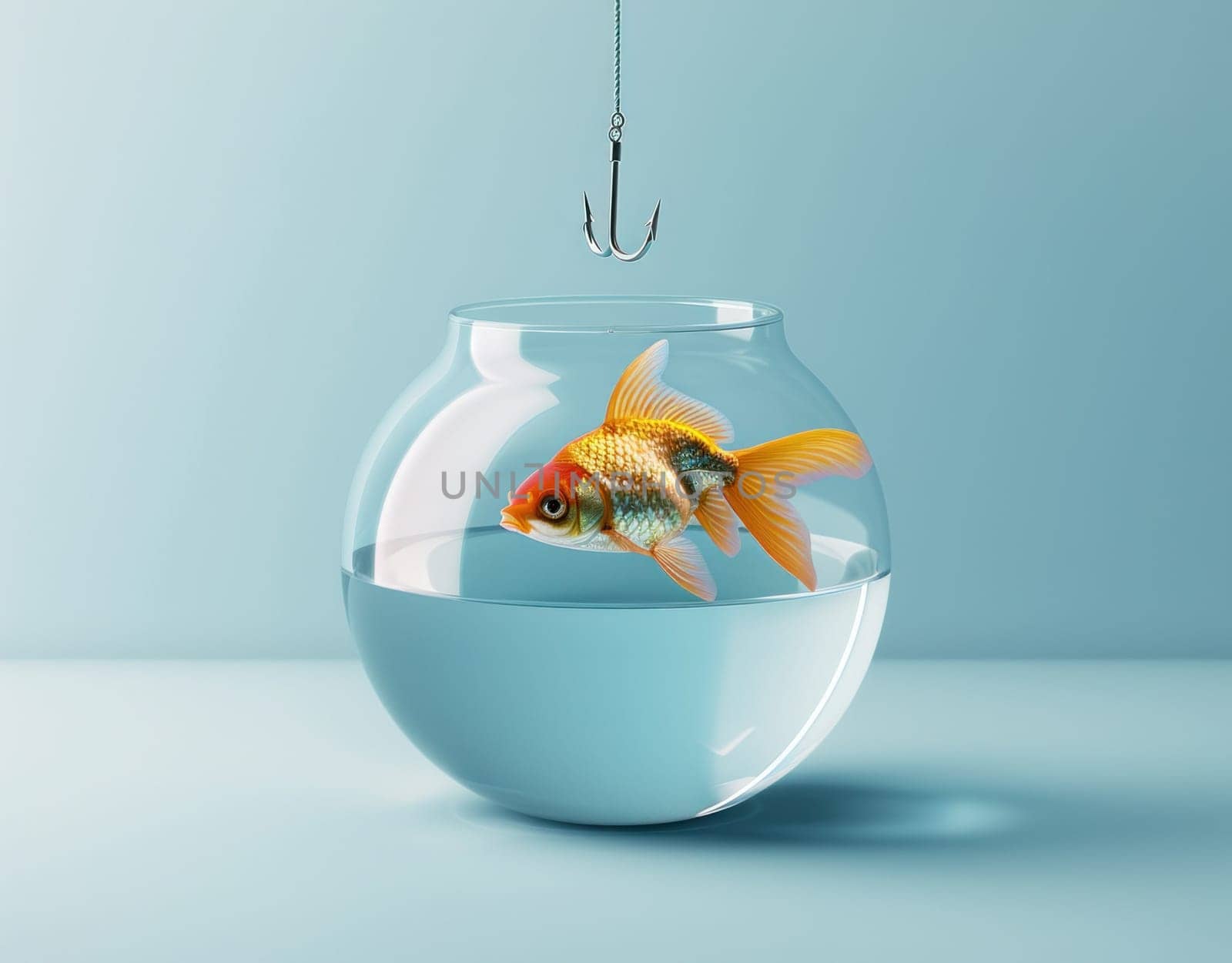 Goldfish in fish bowl with hook on blue background in 3d, concept of nature and beauty in underwater world