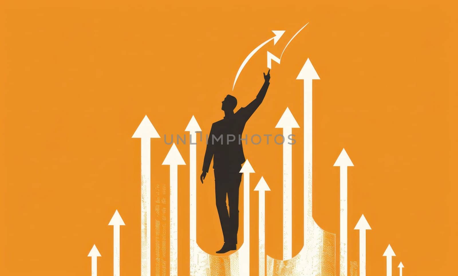 Journey of success man standing on top of vibrant orange background with arrows pointing out of it