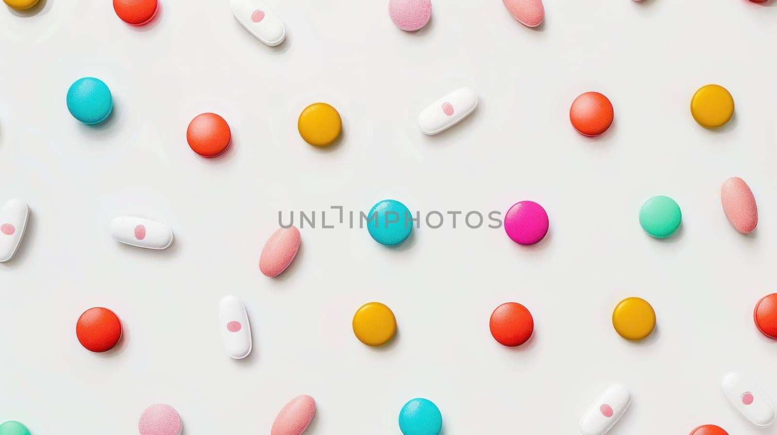 Colorful candies arranged in top view flat lay on white background for sweet treats and celebrations