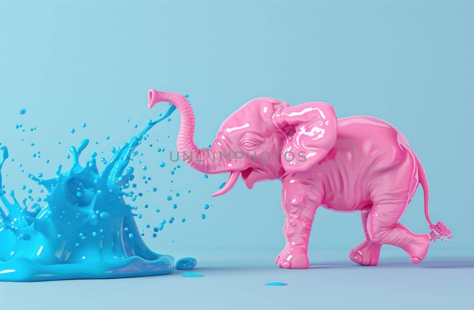 Pink elephant standing next to blue splash on blue background playful artistic scene with a pop of color and contrast