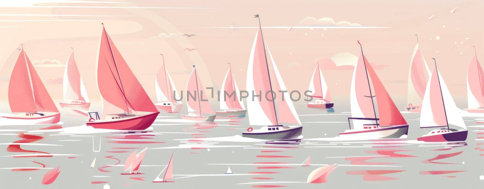 Sailboats on water tranquil pink and white seascape with clouds in background for travel and relaxation inspiration by Vichizh