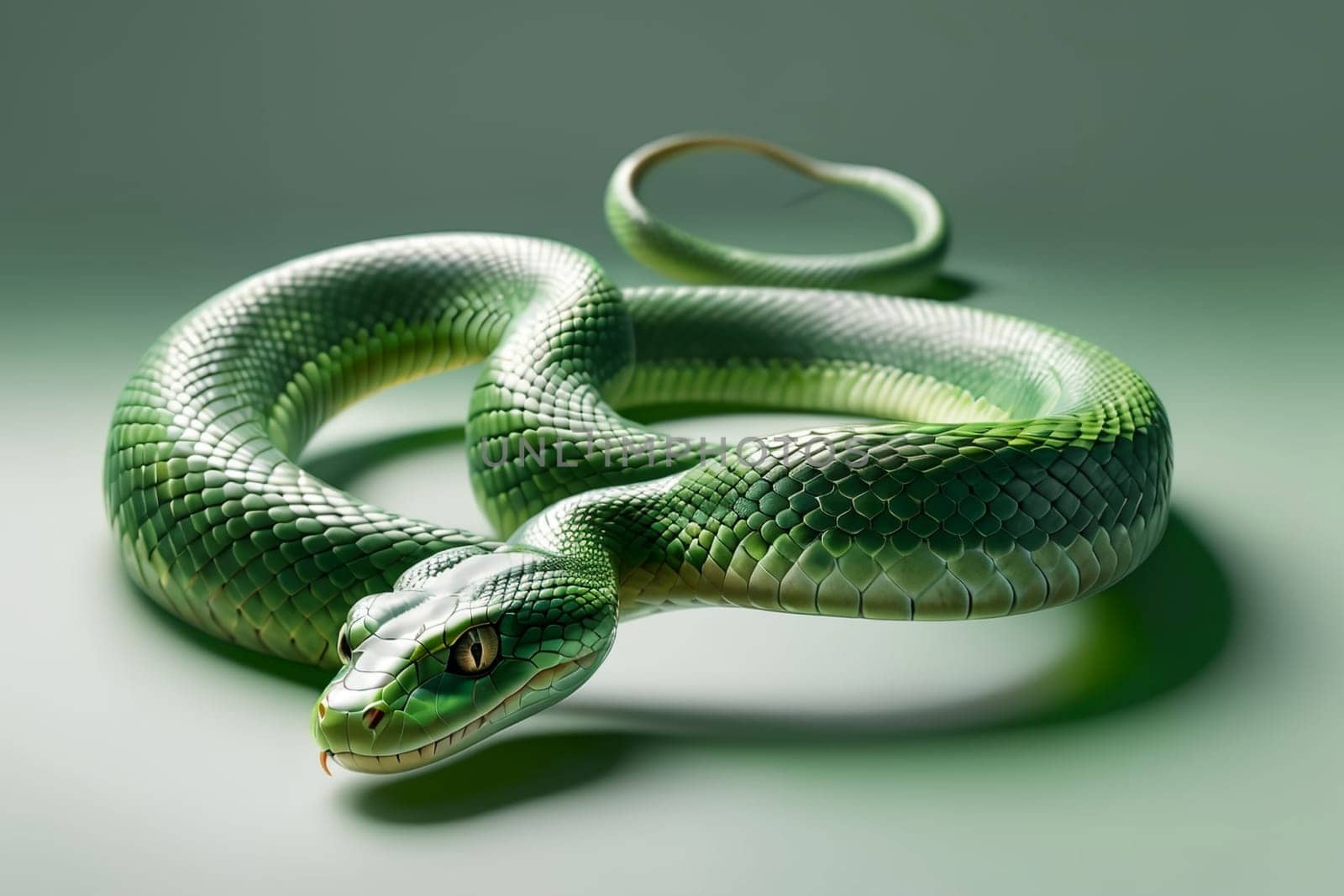 green forest snake close-up, isolated on green background .