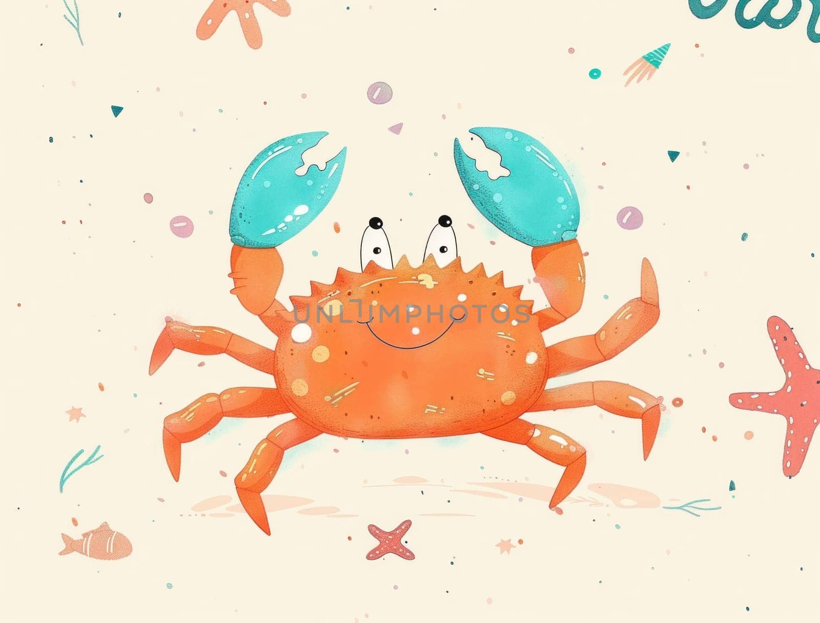 Beautiful seaside crab illustration with sea life text on sandy beach for travel and nature concepts