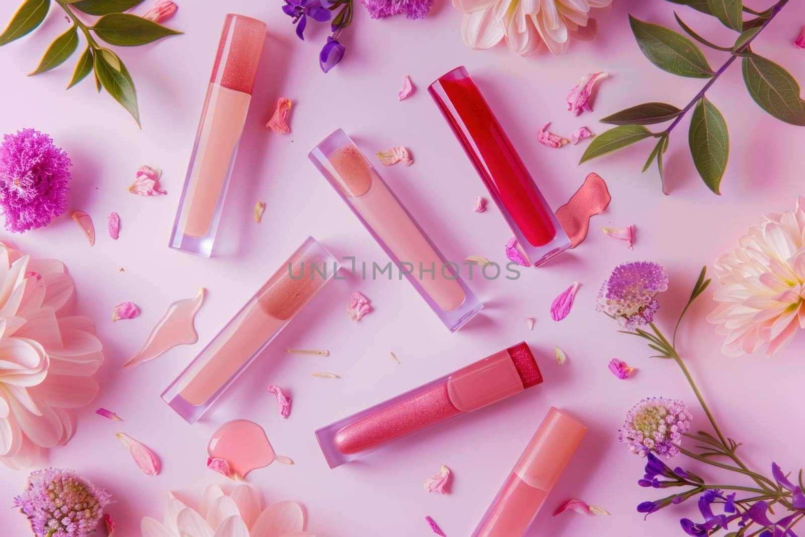 Various lip glosses surrounded by pink flowers and purple petals on a pink surface, beauty and fashion concept