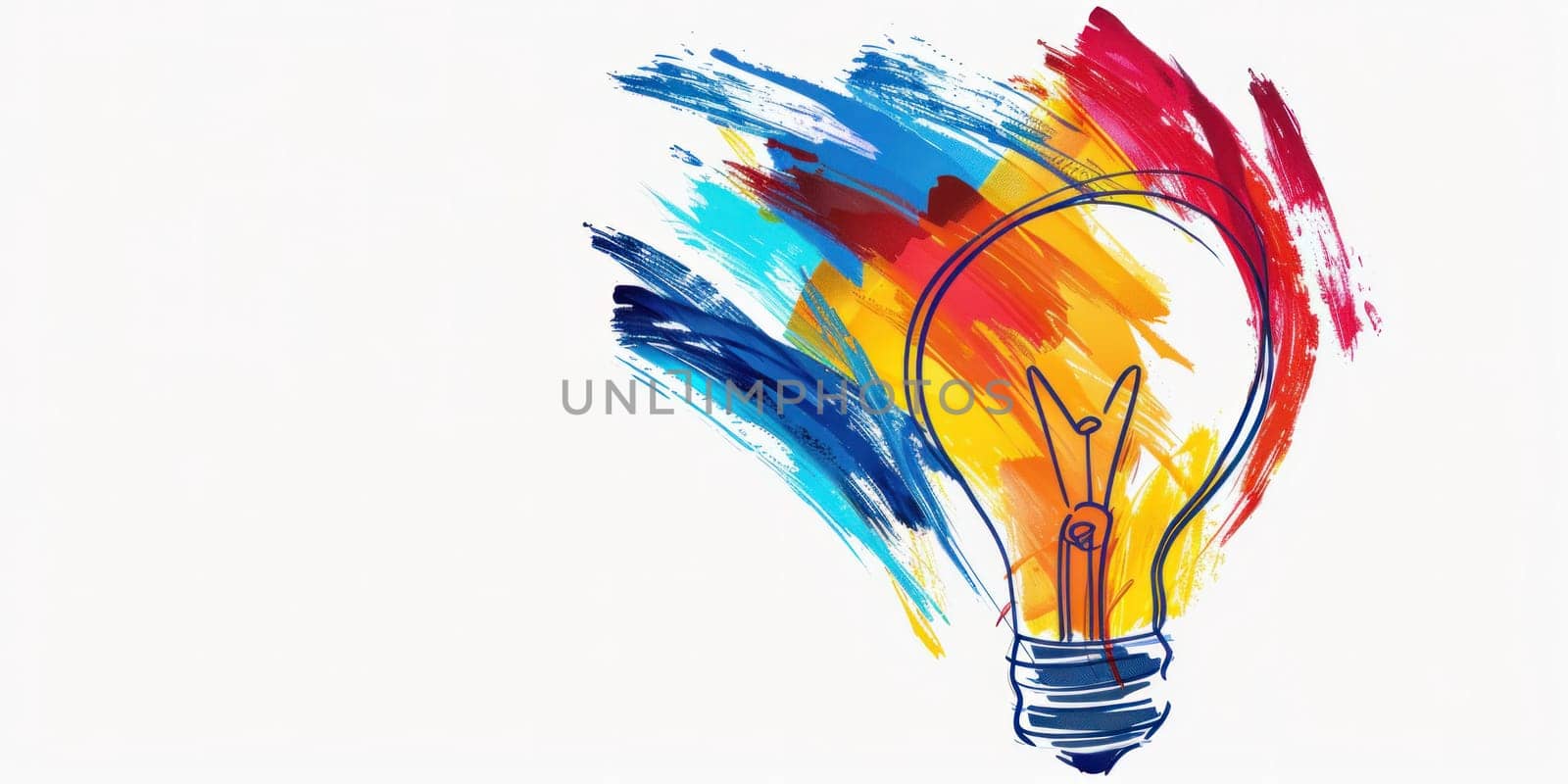 Colorful lightbulb illuminated with paint splotches in the shape of a lightbulb on white background