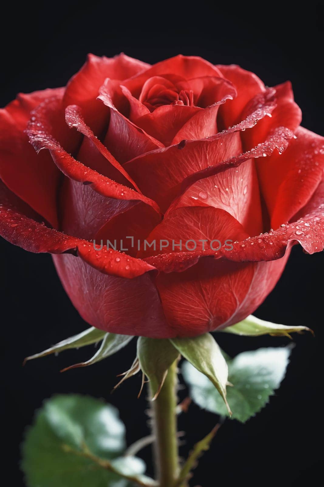 This stunning close-up features a vibrant red rose adorned with droplets, encapsulating a sense of freshness and passion. A great fit for floral research, educational content or enchanting visual storytelling.
