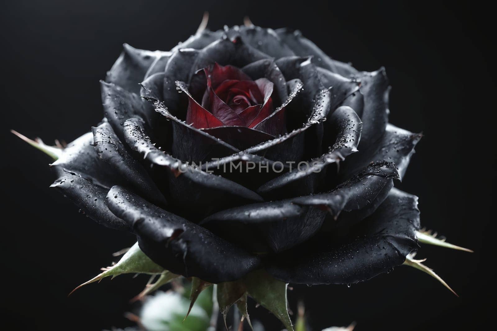 This image intimately encapsulates the beguiling beauty of a rain-kissed, somber black rose with a vibrant red core. Perfect for creating mysterious or senditmental mood boards or inspiring noir-themed designs.