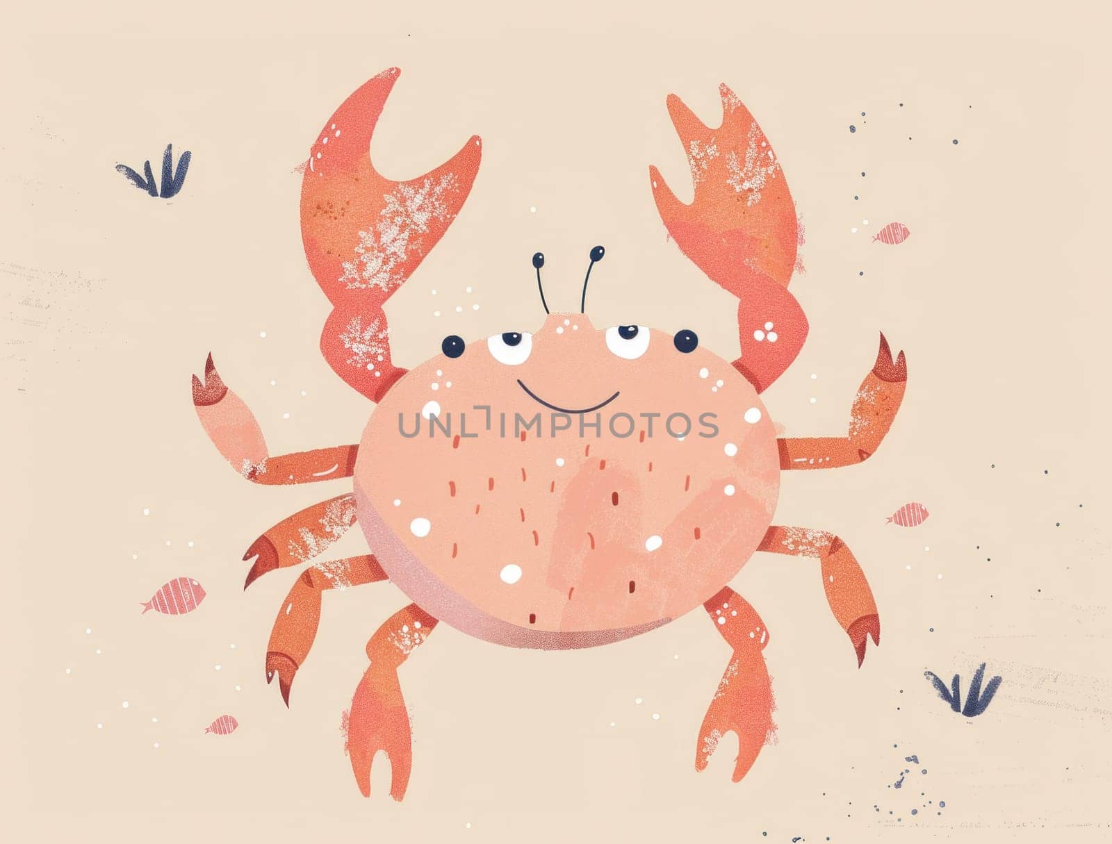 Cartoon crab with seashells and seaweed on beige background, underwater adventure wildlife illustration