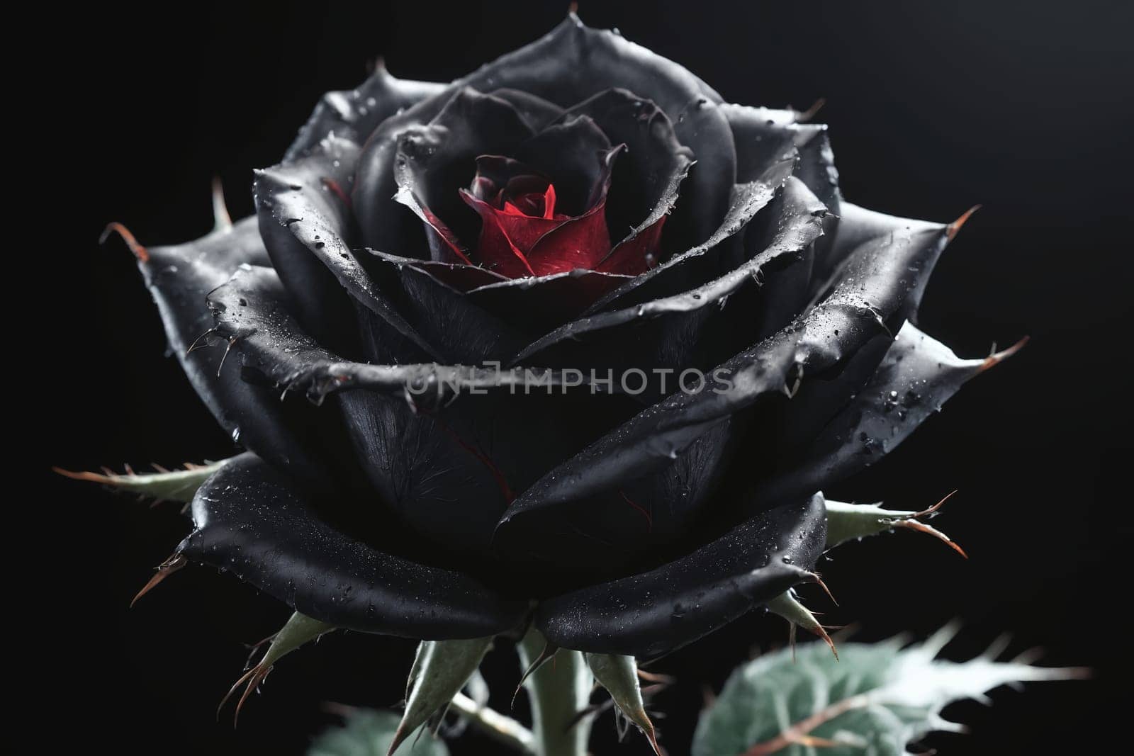 The Dark Belle: A Rain-Kissed Rose with Dramatic Black Petals and a Red Core by Andre1ns