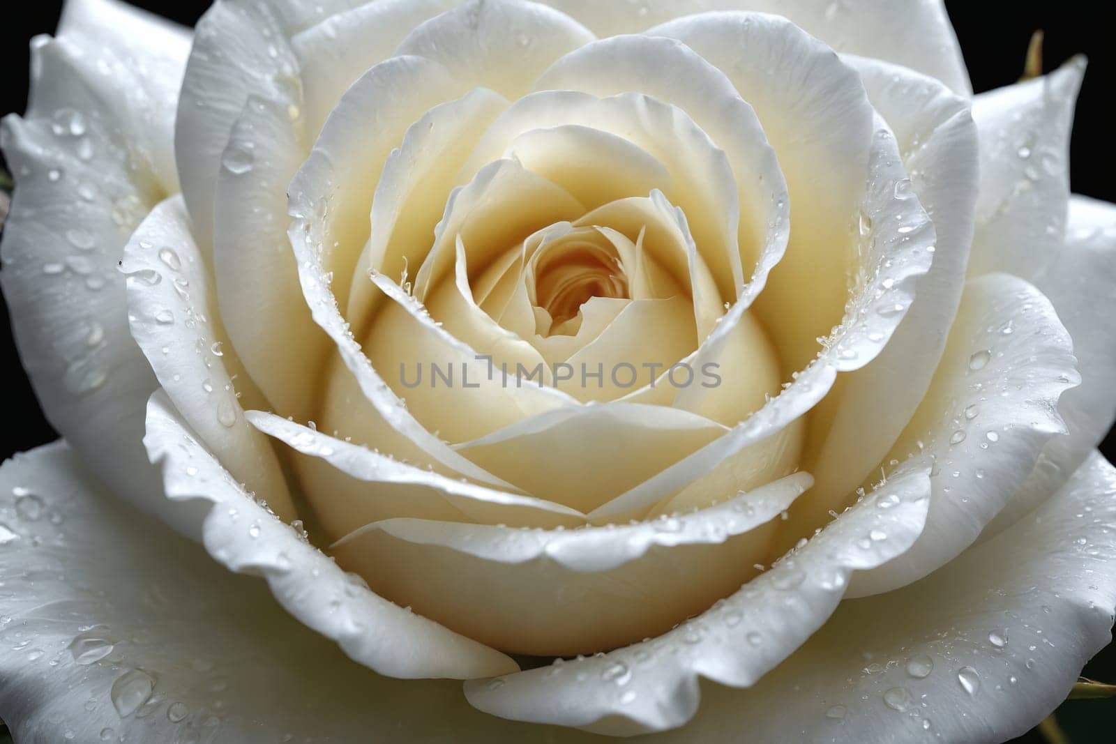 This image brilliantly showcases the contrasts of nature with a dew-drenched white rose poised beautifully against a stark, dark background. Suitable for use in romance and love-themed projects, or even as an inspirational piece in a variety of contexts.