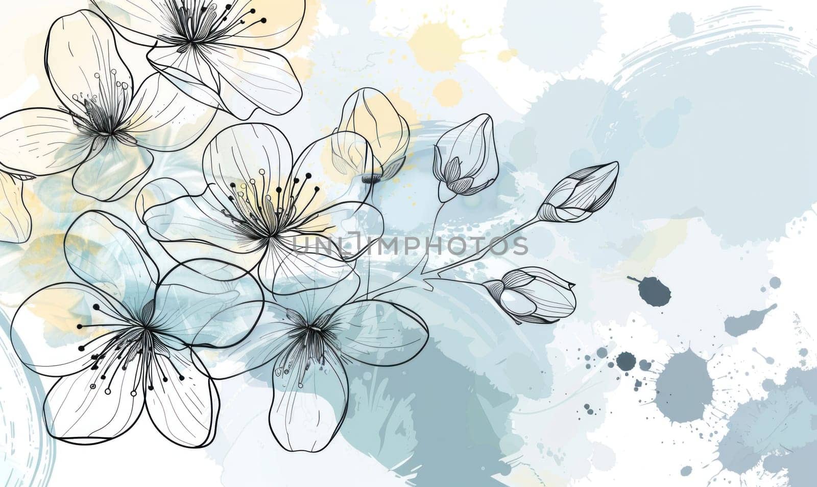 Floral patterns with blue and yellow paint splotches on white background for art and beauty design