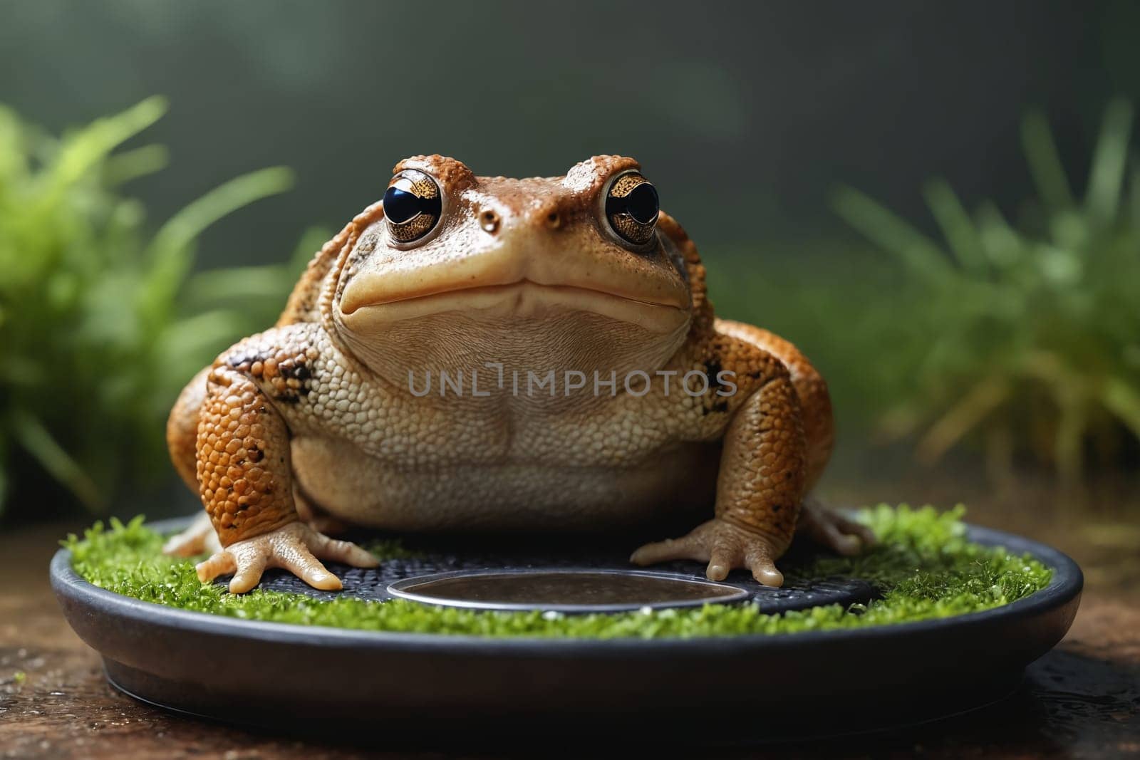 This playful moment captures a green frog's unexpected visit to a metallic weighing scale.