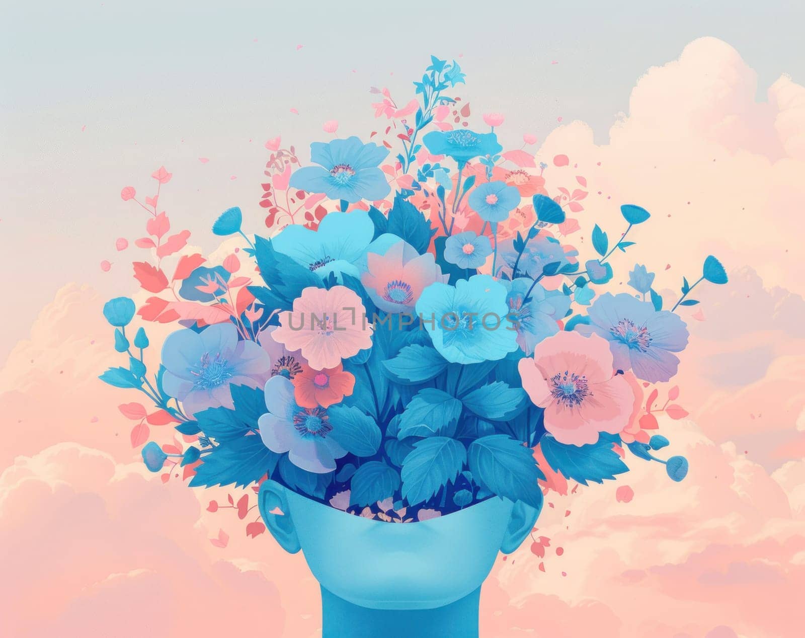 Floral fantasy woman's head filled with blue and pink flowers in the shape of a flower