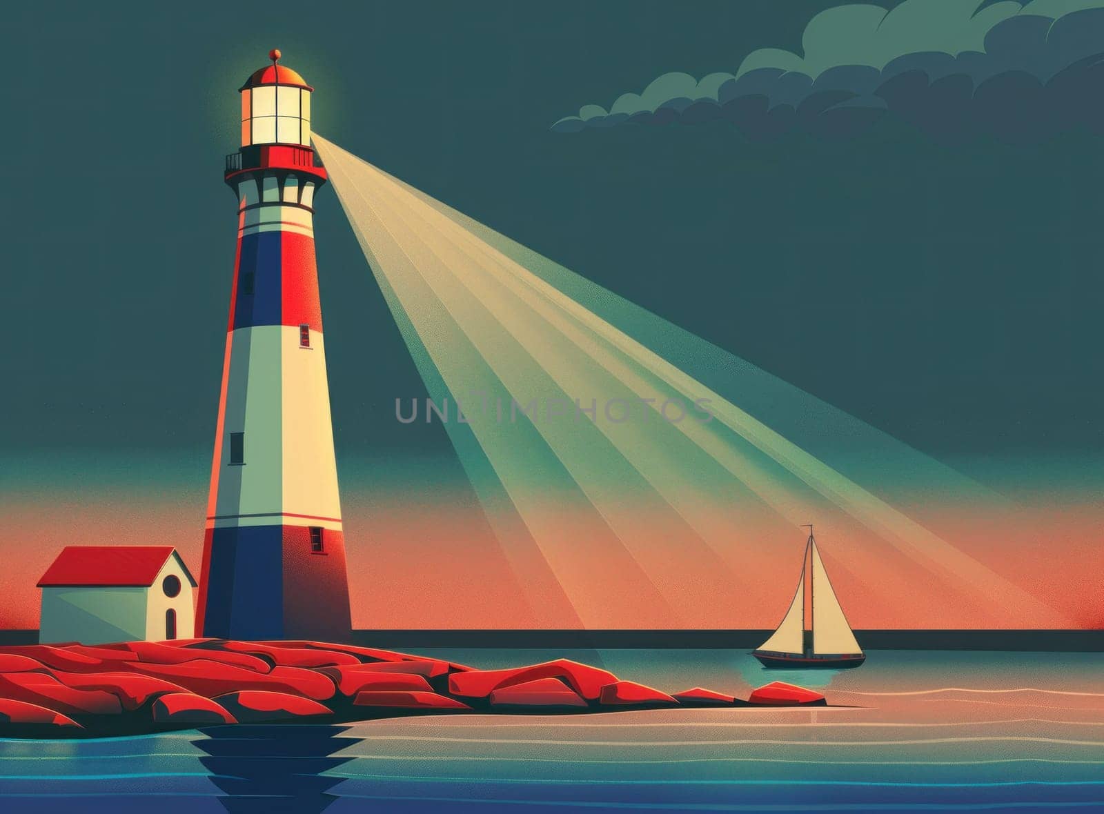 Scenic sunset view of lighthouse with sailboats in distance on ocean travel adventure landscape illustration by Vichizh