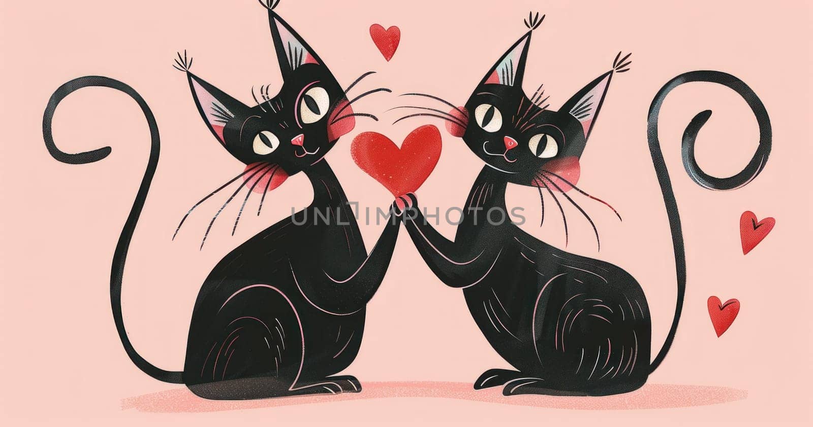 Romantic valentine's day illustration featuring two black cats holding heart shaped object surrounded by hearts